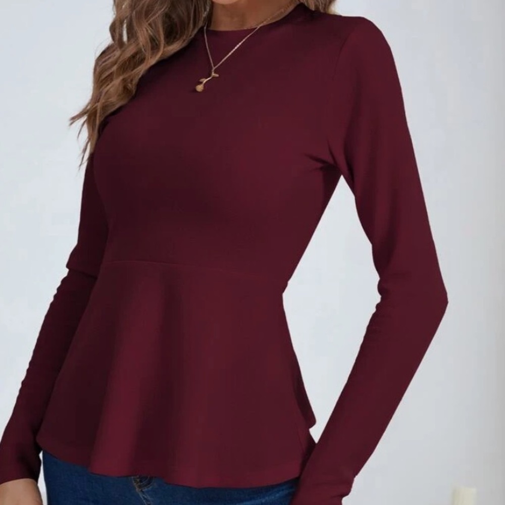 Burgundy Long Sleeve Peplum Top